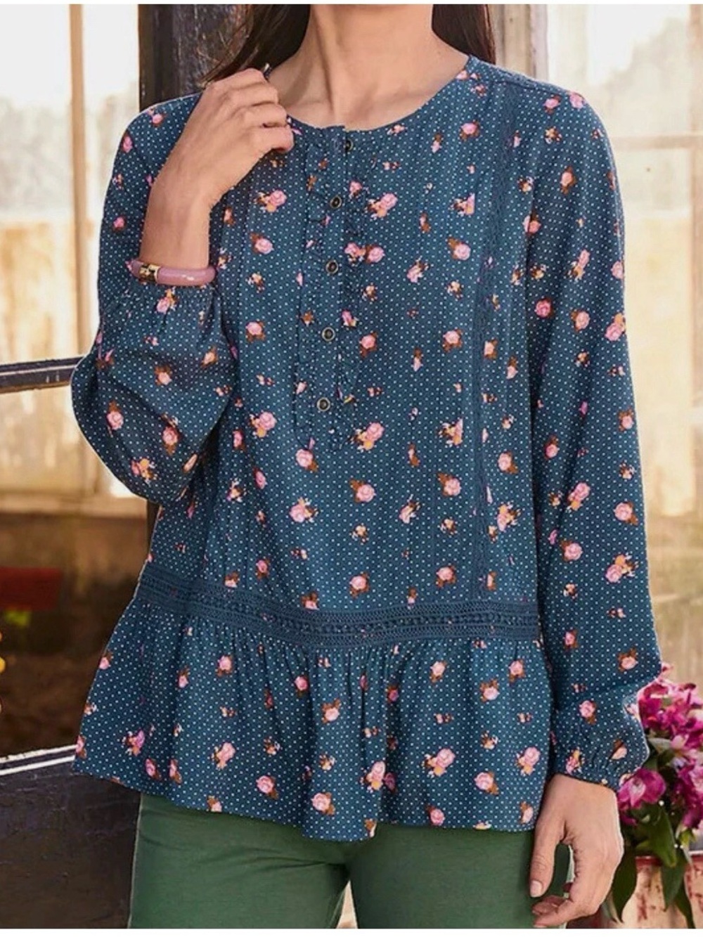 Matilda Jane Teal Floral Peplum Tunic with Pink Roses